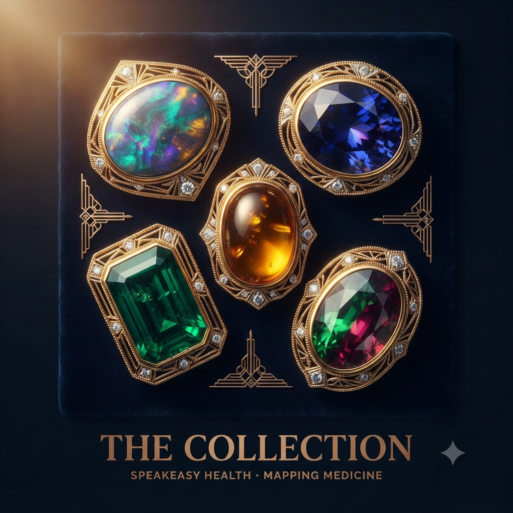 The Speakeasy Health gem collection — each gem a mechanism of Hereditary Alpha-Tryptasemia